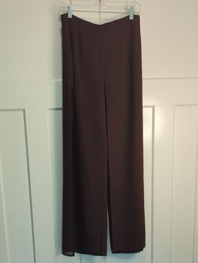 High-Waist Sheer Wide Leg Dress/Trousers in Dark Brown Chiffon Fabric Size 10